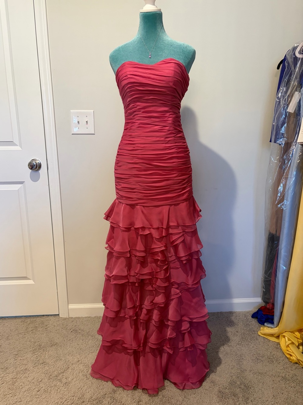 Dalia Macphee Strapless Ruffled Mermaid Gown in Rose Pink